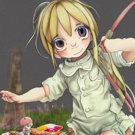 Image similar to little girl, bunny suit, artwork in made in abyss art style, inspired in balthus, clean details, baby color palette, candy, anatomically proportional, hd