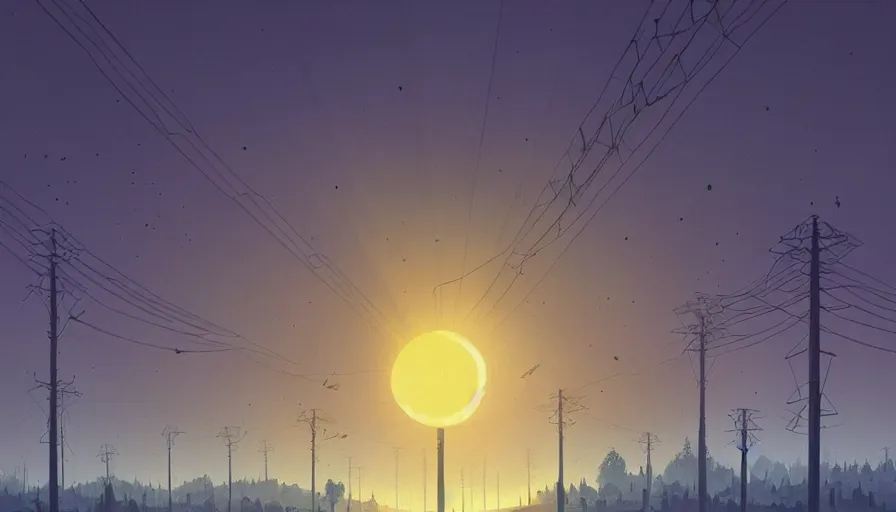 Image similar to city full of solar panels, early morning sun in the sky, one tree, simon stalenhag