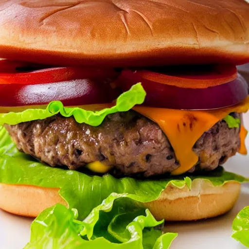 Prompt: close ups photo of a delicious cheeseburger with lots of toppings, studio lighting 1 0 0 mm photograph