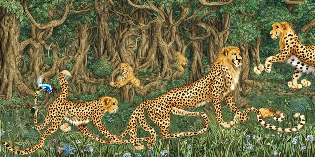 Prompt: cheetah and lion celebrating in fairytale forest , huge scale, high detail, intricate by Jonathan Bentley and Hayao Miyazaki