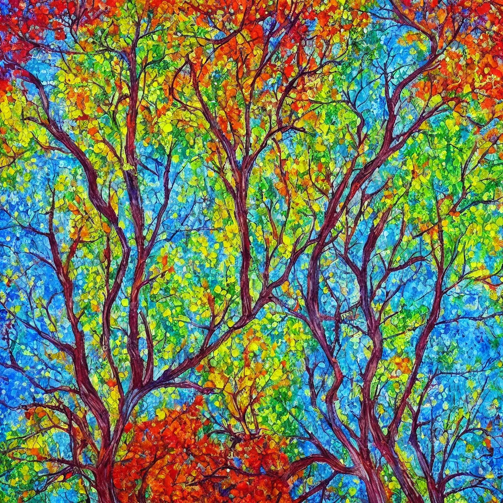 Image similar to a beautiful painting of one single tree representing all four seasons. Spring, Summer, Autum, Winter.