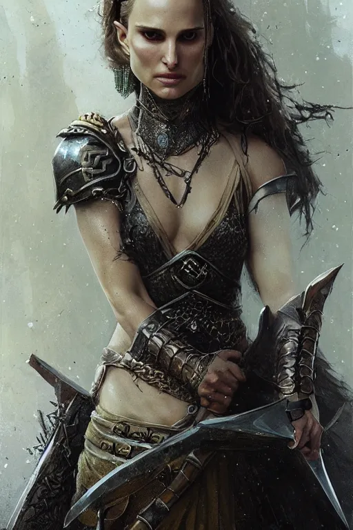 Image similar to natalie portman, legendary warrior, heroic, lord of the rings, tattoos, decorative ornaments, battle armor, by carl spitzweg, ismail inceoglu, vdragan bibin, hans thoma, greg rutkowski, alexandros pyromallis, perfect face, fine details, realistic shading photorealism