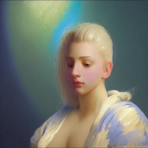 Prompt: young woman's face, her hair is titanium white and she wears a cobalt blue velvet cloak, by ivan aivazovsky and syd mead and moebius and gaston bussiere and roger dean and willem claesz and pieter claesz and paul delaroche and alma tadema and aelbert cuyp, hyperrealistic, volumetric light, octane render