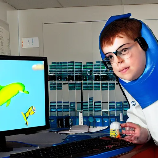 Image similar to A dolphin wearing a chemist outfit playing games on a computer