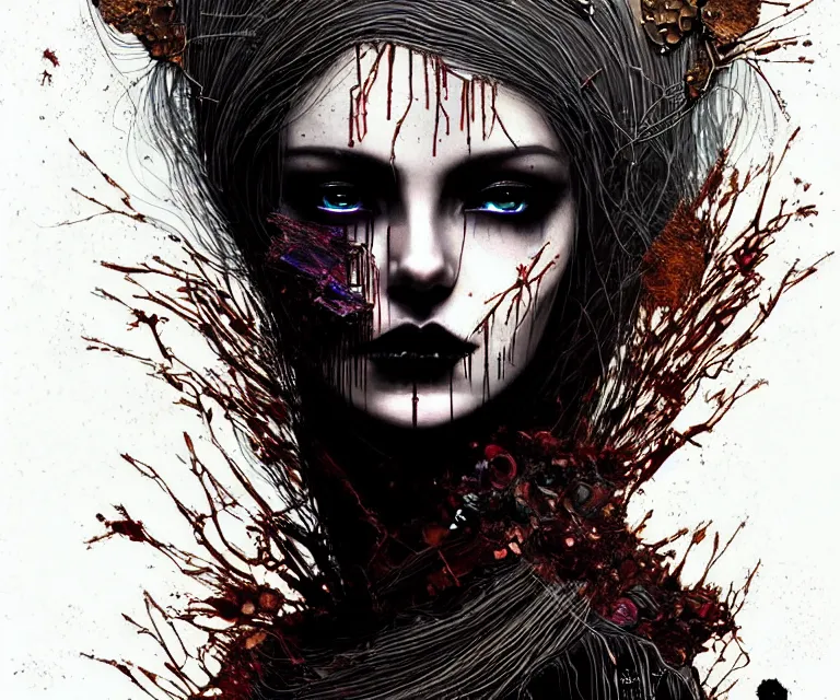 Prompt: stunning otherworldly gothic goddess of beauty, dark and mysterious, atmospheric, ominous, eerie, cinematic, epic, 8 k, 4 k, ultra detail, ultra realistic, rendered by awesomeness. nights falling wind is blowwing snow is pilling concept art in style of el anatsui and carne griffiths artwork by xsullo