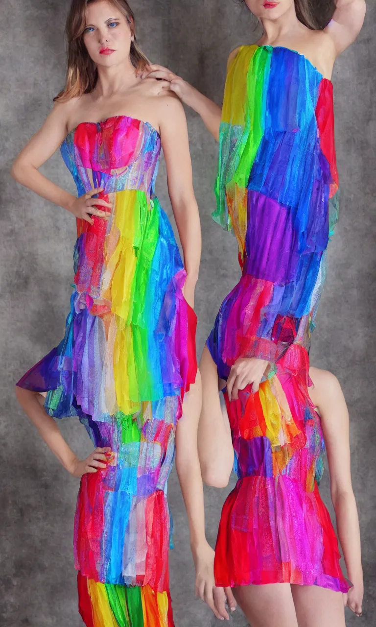 Image similar to rainbow themed sheer corset dress, fashion design, professional, high detail, 4k
