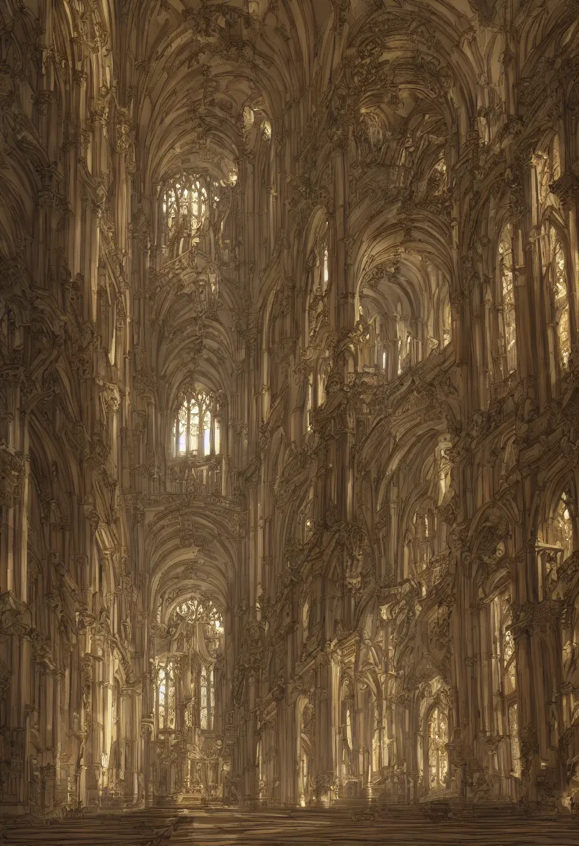 Image similar to nave of gigantic baroque cathdral, sunrays, artstation