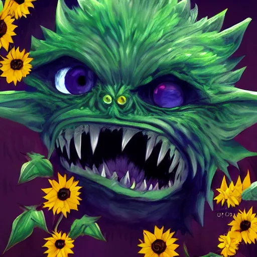 Image similar to Sunflower goblin monster, semi realistic, anime art style, trending on art station