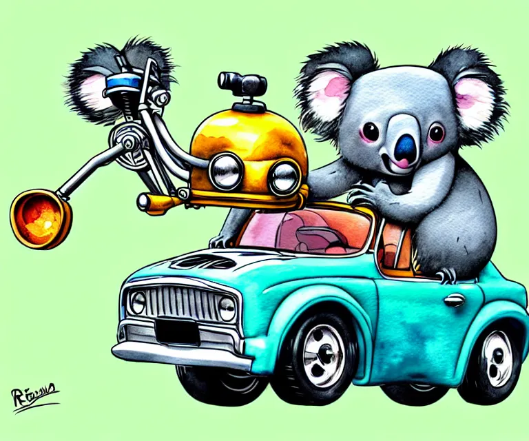 Image similar to cute and funny, koala wearing a helmet riding in a hot rod with an oversize engine, ratfink style by ed roth, centered award winning watercolor pen illustration, isometric illustration by chihiro iwasaki, edited by range murata, tiny details by artgerm and watercolor girl, symmetrically isometrically centered, sharply focused