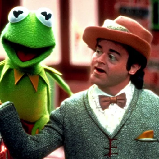 Prompt: kermit the frog starring in groundhog day, movie still,