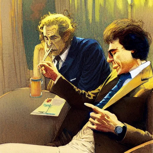 Prompt: Richard Nixon smoking weed in a hotel room with Bob Dylan, yellow theme, by krenz cushart and mucha and yoneyama mai and greg rutkowski