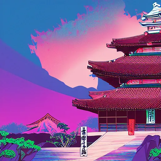 Image similar to ancient japanese structure, epic retrowave art, trending on art station