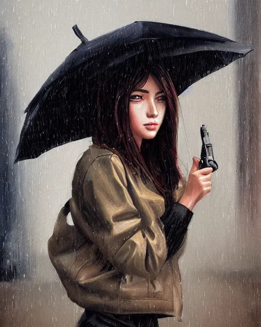 Image similar to A ultradetailed beautiful portrait panting of a stylish girl standing in the rain, she is holding a handgun ,side view, Oil painting, by Ilya Kuvshinov, Greg Rutkowski and Makoto Shinkai