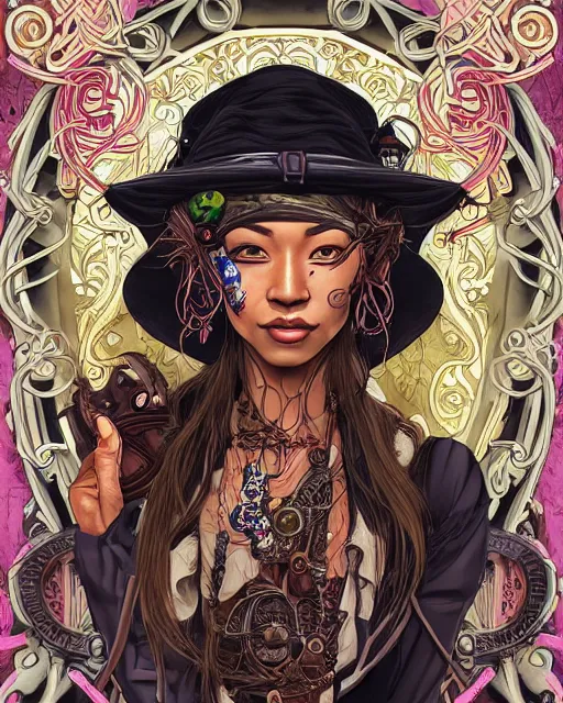 Prompt: a detailed portrait illustration of a steampunk witch - doctor. beautiful asian female face, dark skin. tribal aesthetic. art nouveau, pop art, comic book style. influenced by neil gaiman, h. p. lovecraft, dan mumford, brian froud, vadim voitekhovitch, cutesexyrobutts, ross tran.
