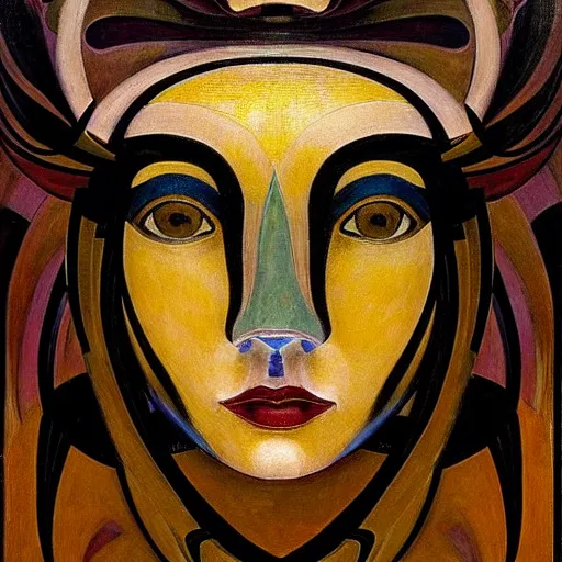 Image similar to masterpiece painting of a facemask made of stylized flowers, by annie swynnerton and jean delville and tino rodriguez and john watkiss, flower mask, art deco shaman, art brut, symbolist, dramatic lighting, god rays, elaborate geometric ornament, clean crisp graphics, soft cool colors, smooth, sharp focus, extremely detailed