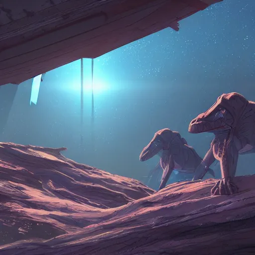 Image similar to concept art painting of an alien world full of alien dinosaurs, detailed, cel shaded, in the style of makoto shinkai and moebius and james gurney