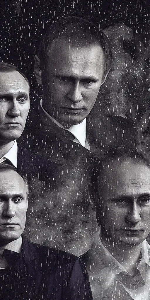 Prompt: alexei navalny with vladimir putin together, dark gloomy church, midnight, moon, horror, thunder sky, rain, sadness, depression, fog, darkness, spider-man