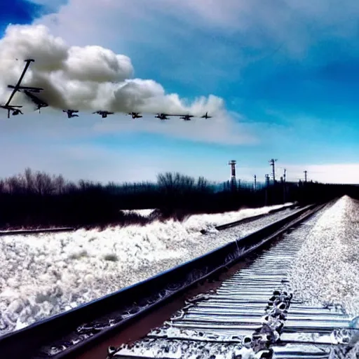 Image similar to train on sky flying through rails made out of clouds