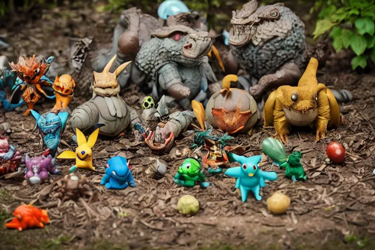 Image similar to autochrome photo of vintage disgusting brown Pokémon action figures, plastic Pokémon toys left outside for many years, backyard, kaiju, oni, realistic