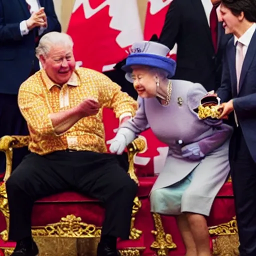 Prompt: photo of the Queen of England body slamming Xi Jinping while Justin Trudeau eats popcorn,