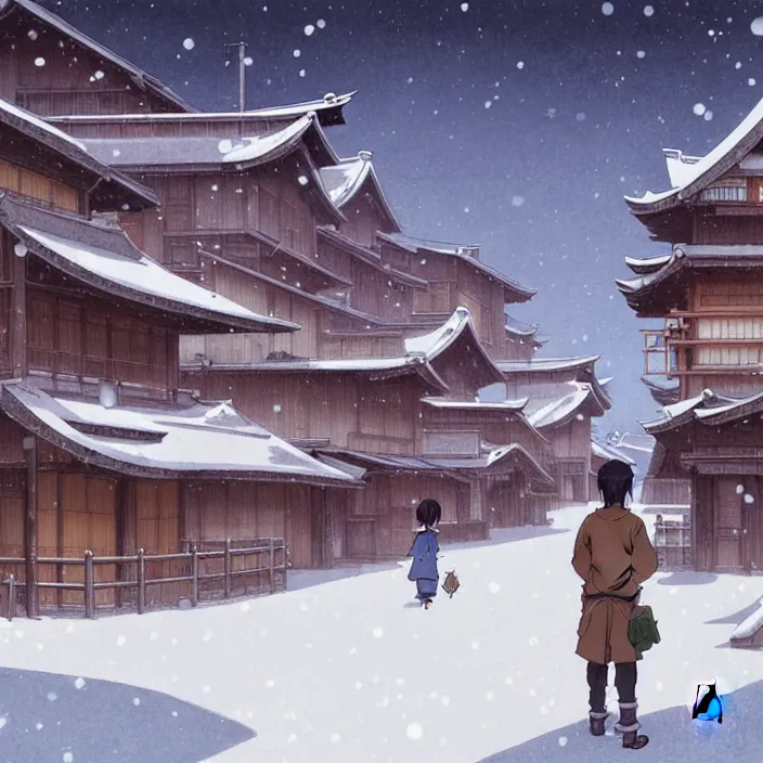 Image similar to japanese rural town, no people, winter, in the style of studio ghibli, j. c. leyendecker, greg rutkowski, artem