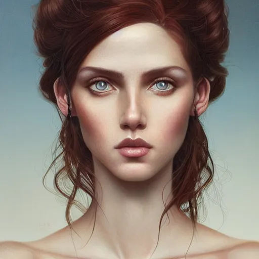 Prompt: tom bagshaw portrait, very beautiful scientist in a full dress and long thin lustrous auburn hair, professionally retouched, focus eyes, ultra realistic soft painting, insanely detailed linework, symmetrical accurate intricate features, behance, 8 k