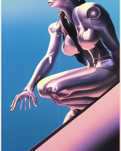 Image similar to a picture of a woman sitting on a ledge, cyberpunk art by boris vallejo and by syd mead and by hiroshi nagai, cgsociety, figurative art, airbrush art, made of liquid metal, synthwave