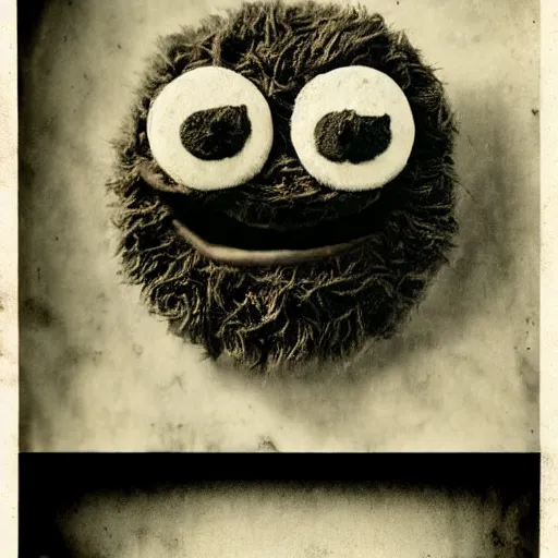 Image similar to creepy cookie monster, demonic, evil grin, tintype, realistic.