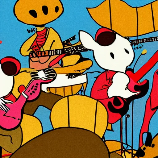 Image similar to mice playing in a rock band inspired by the beatles, animation, art by ken anderson and mel shaw,