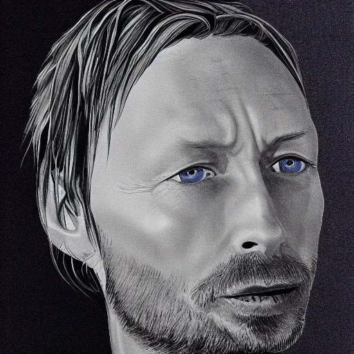 Prompt: thom yorke, pretty face, more details, in style by evangelion,