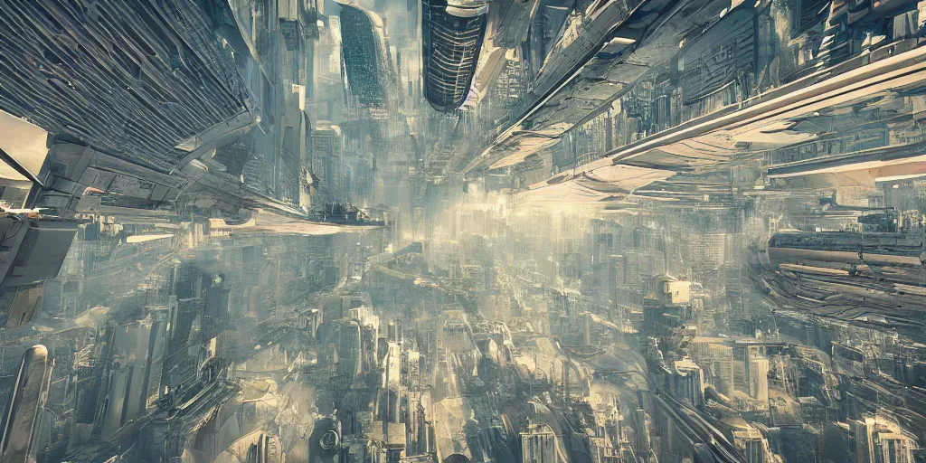 Image similar to cinematic street shot of a antigravity future flying city saint petersburg on earth orbit, telephoto, anamorphic cinematography, beautiful composition, color theory, leading lines, photorealistic, moody volumetric lighting