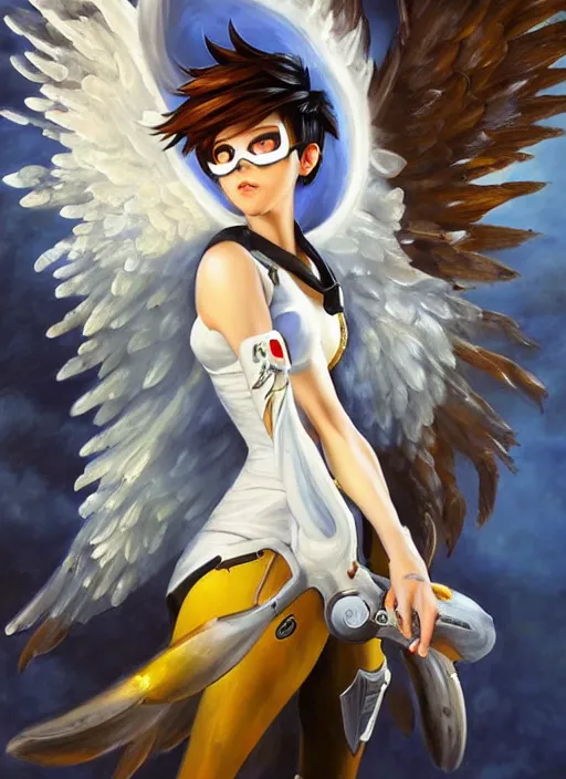 Image similar to full body oil painting of tracer overwatch in the style of sophie anderson, angel wings, white dress, dramatic painting, wearing black collar, symmetrical composition, ornate, high detail, gold, blooming, lights, flowers,