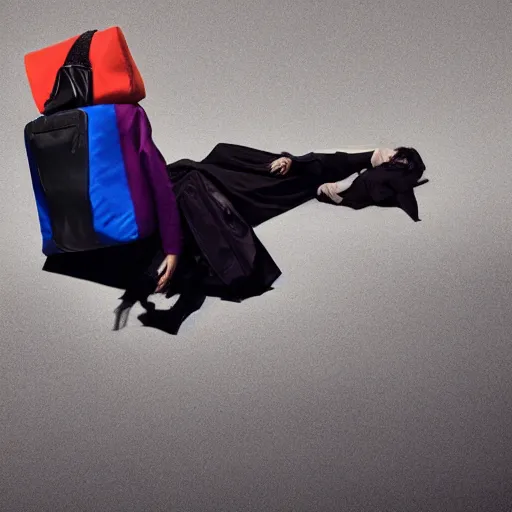 Prompt: a girl trapped under a big pile of backpacks, raf simons campaign, dramatic lighting, new york city