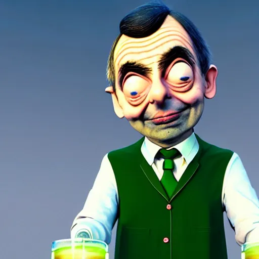 Image similar to mr. bean depicted as a mad scientist, wearing a lab coat, mixing green acids, digital art, trending on artstation and unreal engine