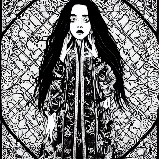 Prompt: black and white pen and ink!!!!!!! sorcerer beautiful attractive long hair Billie Eilish wearing High Royal flower print robes flaming!!!! final form flowing ritual royal!!! Contemplative stance Vagabond!!!!!!!! floating magic witch!!!! glides through a beautiful!!!!!!! Camellia!!!! Tsubaki!!! death-flower!!!! battlefield behind!!!! dramatic esoteric!!!!!! Long hair flowing dancing illustrated in high detail!!!!!!!! by Hiroya Oku!!!!!!!!! graphic novel published on 2049 award winning!!!! full body portrait!!!!! action exposition manga panel black and white Shonen Jump issue by David Lynch eraserhead and beautiful line art Hirohiko Araki!! Frank Miller, Kentaro Miura!, Jojo's Bizzare Adventure!!!! 3 sequential art golden ratio technical perspective panels horizontal per page