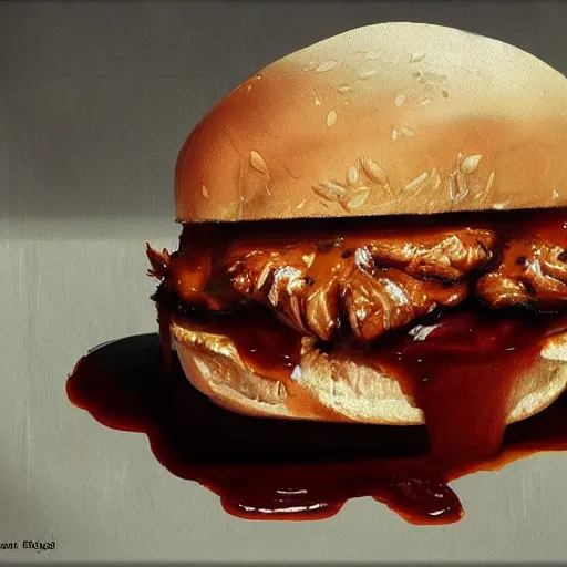 Image similar to a tender chicken sandwich covered in barbecue sauce, Greg Rutkowski