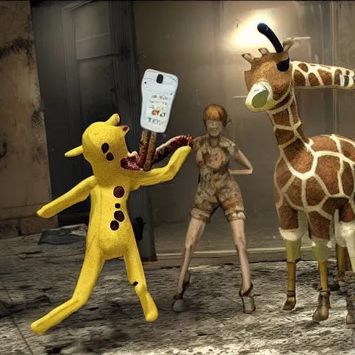 Image similar to a cute stuffed giraffe fighting zombies in resident evil, realistic, hyper detailed