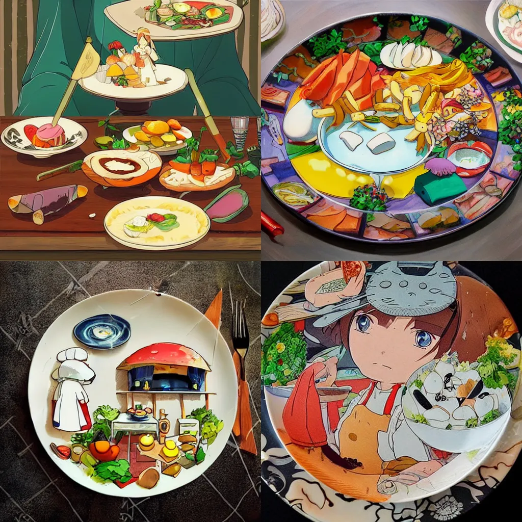 Prompt: a delicious beautiful plate dish of food, amazing food illustration, chef table, in style of studio ghibli, miyazaki, anime