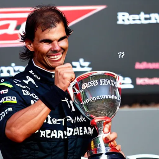 Prompt: rafa nadal winning a formula 1 race