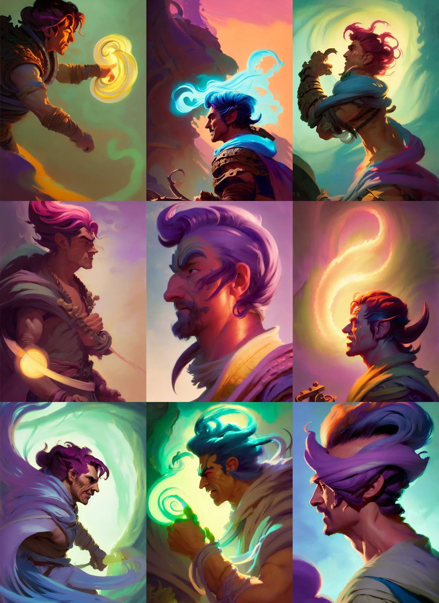 Prompt: side profile, male half - troll rogue, gloomhaven, luminescent, colorful swirly magic ripples, pastel colors, by greg manchess, huang guangjian, gil elvgren, sachin teng, greg rutkowski, jesper ejsing, ilya kuvshinov