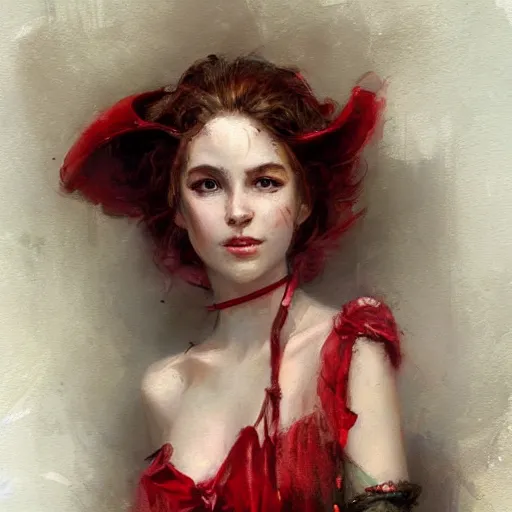 Prompt: Rien Poortvliet and Jean-Baptiste Monge and Solomon Joseph Solomon and Richard Schmid and Jeremy Lipking victorian genre painting portrait painting of a young beautiful woman marverl DC comic book character fantasy costume, red background