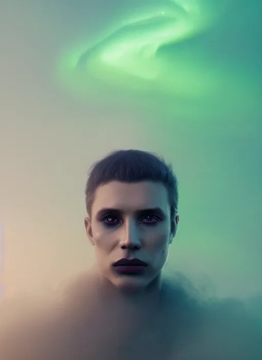 Image similar to an ethereal, misty portrait of a man whose face is accented with neon - toned glowing eyeliner. the makeup floats off his face and joins swirling clouds of smoke and fog, becoming an aurora. muted tones. surreal portrait, cinematic lighting, 8 k, smooth, sharp focus, digital painting, rendered in octane, painted by tom bagshaw, artgerm