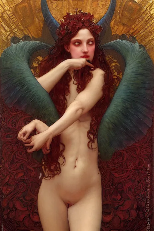 Image similar to masterpiece painting of ephemeral immortal succubus girl by donato giancola, darius zawadzki and tom bagshaw, face by artgerm and edmund leighton, alphonse mucha, background by james jean and gustav klimt, 8 k, otherworldly horror, crimson color palette, volumetric lighting, porcelain skin, french nouveau, trending on pixiv