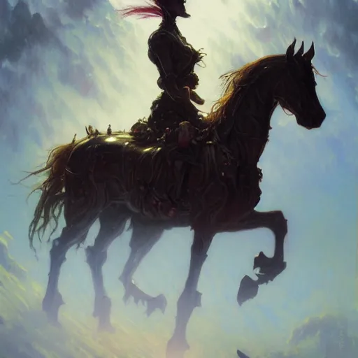 Prompt: oil painting of a gothic horse by Simon Stålenhag, by Stanley Artgerm Lau, Greg Rutkowski,Thomas Kindkade,Alphonse Mucha, Loish, Norman Rockwell, trending on artstation , rule of thirds, Highly detailed, anatomically correct, dramatic lighting, fashion, oil on canvas