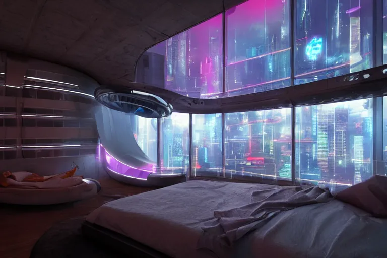 Image similar to a futuristic bedroom with large curved ceiling high windows looking out to a far future cyberpunk cityscape, cyberpunk neon lights, raining, scifi