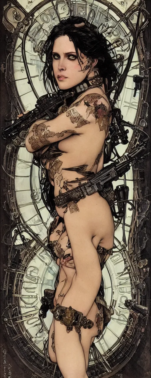 Image similar to striking sensual gorgeous crustpunk art nouveau portrait of cristina ricci as an ironpunk heavy metal rebel soldier by travis charest, simon bisley and alphonse mucha, photorealism, extremely hyperdetailed, perfect symmetrical facial features, perfect anatomy, ornate declotage, excited expression, wild eyes