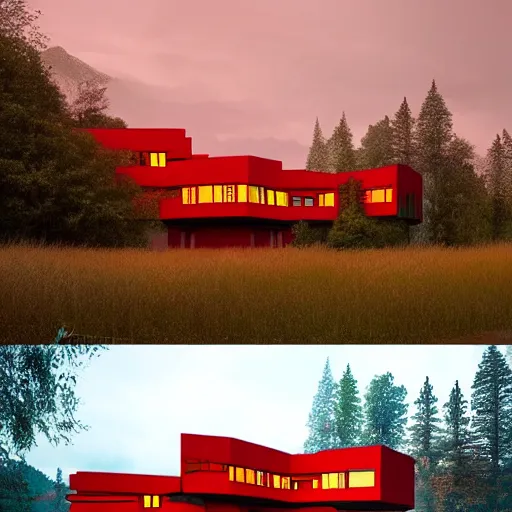 Image similar to modernist house inspired by a tibetan palace between big trees, red clouds, dramatic lighting, artstation, matte painting, raphael lacoste, simon stalenhag, frank lloyd wright, zaha hadid