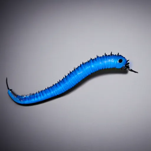 Image similar to studio photograph of a matte dark gray worm with a neon blue head and tail