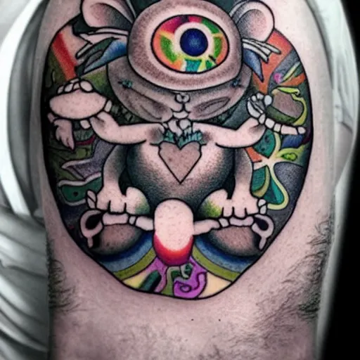 Image similar to shoulder tattoo of a multicolored trippy meditating cute bush baby, eyes are glowing rainbow spirals, happy mood, surrounded with colorful magic mushrooms and rainbow marihuana leaves, insanely integrate