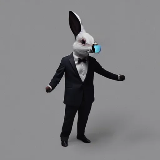 Image similar to a rabbit wearing a peak lapel suit, chiaroscuro, medium shot, cinematic promo material